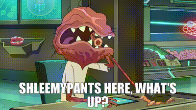 Rick and Morty-style meeseeks-brained character at a desk captioned "Shleemypants here, what's up?"